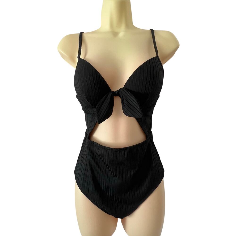 Shade & Shore 34B Black Ribbed One Piece Monokini Cut Outs Padded Underwire Bra